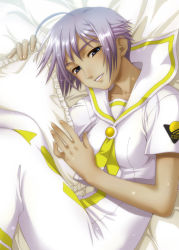 Rule 34 | 1girl, aria (manga), athena glory, bed sheet, black eyes, blouse, collarbone, dark-skinned female, dark skin, dress, frilled pillow, frills, long dress, looking at viewer, lying, on bed, on side, parted lips, pillow, sailor collar, shirt, short hair, short sleeves, silver hair, solo, soshina nohito, white dress, white sailor collar, white shirt
