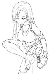 Rule 34 | 1girl, akaza, boots, breasts, cleavage, feet, final fantasy, final fantasy vii, holding, holding shoes, large breasts, long hair, monochrome, navel, one eye closed, panties, pantyshot, shoes, unworn shoes, skirt, smile, soles, suspenders, tank top, tifa lockhart, toes, underwear