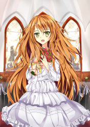 Rule 34 | 10s, 1girl, :d, absurdres, bad id, bad pixiv id, blush, bouquet, church, dress, fang, flower, frilled dress, frills, golden time, green eyes, highres, kaga kouko, kin toki, long hair, looking at viewer, open mouth, orange hair, smile, solo, stained glass, very long hair, white dress
