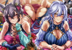 Rule 34 | 2girls, ahoge, animal ears, ass, bangle, bare shoulders, black hair, blue nails, blush, bottle, bracelet, braid, breasts, cleavage, cleavage cutout, closed mouth, clothing cutout, collarbone, cup, detached sleeves, drinking glass, erune, gloves, gold, granblue fantasy, hair between eyes, hair ornament, hand on own cheek, hand on own face, hikari (komitiookami), ilsa (granblue fantasy), jewelry, large breasts, long hair, looking at viewer, lying, multiple girls, nail polish, on stomach, red eyes, revision, sidelocks, silva (granblue fantasy), silver hair, single glove, smile, swimsuit, twin braids, very long hair, yellow eyes