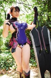 Rule 34 | 1girl, bare shoulders, black hair, boots, breasts, cattleya (queen&#039;s blade), cattleya (queen&#039;s blade) (cosplay), chouzuki maryou, cosplay, cosplay photo, curvy, dress, female focus, glasses, gloves, huge weapon, large breasts, legs, long hair, nature, outdoors, photo (medium), ponytail, queen&#039;s blade, sideboob, solo, sword, thick thighs, thighs, weapon