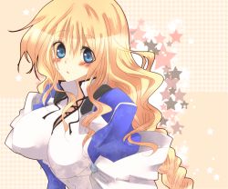 Rule 34 | 1girl, blonde hair, blue eyes, blush, bodysuit, braid, breasts, impossible clothes, kitty-bell, kitty-bell92, kyoukaisenjou no horizon, large breasts, long hair, looking at viewer, mary stuart, parted lips, solo, star (symbol), upper body, wavy hair