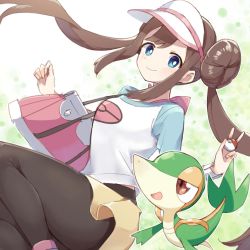 Rule 34 | 1girl, black pantyhose, blue eyes, bow, breasts, brown hair, closed mouth, commentary, creatures (company), double bun, feet out of frame, game freak, gen 5 pokemon, hair bun, highres, holding, holding poke ball, ksk (semicha keisuke), long hair, looking at viewer, medium breasts, nintendo, pantyhose, pantyhose under shorts, pink bow, poke ball, poke ball (basic), pokemon, pokemon (creature), pokemon bw2, raglan sleeves, rosa (pokemon), shorts, smile, snivy, twintails, very long hair, visor cap, yellow shorts