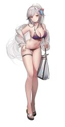 Rule 34 | 1girl, absurdres, azur lane, bag, bikini, black choker, blush, breasts, butterfly hair ornament, choker, commentary, dunkerque (azur lane), dunkerque (summer sucre) (azur lane), front-tie bikini top, front-tie top, full body, grey hair, hair ornament, headband, headdress, heatia, highres, jacket, jewelry, large breasts, long hair, navel, official alternate costume, purple bikini, red eyes, ring, shoulder bag, sidelocks, simple background, solo, swimsuit, thigh strap, very long hair, white background, white jacket