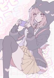 Rule 34 | 1girl, backpack, bag, black jacket, black thighhighs, brown skirt, collared shirt, danganronpa (series), danganronpa 2: goodbye despair, feet out of frame, handheld game console, hands up, heart, highres, holding, holding handheld game console, hood, hood up, hooded jacket, jacket, long sleeves, miniskirt, nanami chiaki, neck ribbon, open clothes, open jacket, pink bag, pink eyes, pink ribbon, pleated skirt, ribbon, ru-pe (gstm 0915), shirt, shirt tucked in, skirt, solo, thighhighs, white background, white shirt