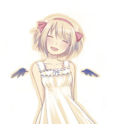 Rule 34 | 1girl, :d, ^ ^, arms behind back, bad id, bad pixiv id, blonde hair, blush, closed eyes, detached wings, dress, hairband, head tilt, megumu, mini wings, open mouth, original, short hair, simple background, sketch, smile, solo, white background, wings