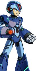 Rule 34 | 1boy, android, arm cannon, capcom, clenched hand, clenched teeth, green eyes, helmet, highres, joints, male focus, mega man (series), x (mega man), mega man x (series), robot joints, simple background, solo, standing, teeth, user fuyz3388, weapon, white background
