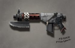 Rule 34 | assault rifle, bad gun anatomy, bayonet, commentary, cursed m4a1 (meme), english commentary, fallenspherell, girls&#039; frontline, grey background, gun, highres, m4a1 (girls&#039; frontline), magazine (weapon), no humans, orc, ork (warhammer), rifle, shadow, signature, simple background, twitter username, warhammer 40k, weapon, weapon focus