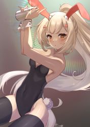 Rule 34 | 1girl, absurdres, animal ears, ayanami (azur lane), azur lane, black leotard, black thighhighs, blonde hair, chan&#039;nu, cocktail shaker, commentary request, cowboy shot, fake animal ears, headgear, high ponytail, highres, leotard, looking at viewer, playboy bunny, ponytail, rabbit ears, rabbit tail, red eyes, solo, strapless, strapless leotard, tail, thighhighs, wrist cuffs
