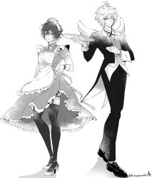 Rule 34 | 2boys, absurdres, ahoge, apron, artist name, black pants, black suit, butler, clenched teeth, clothes lift, coattails, commentary, commentary request, disgust, dress, dress lift, dress shoes, formal, frilled dress, frilled gloves, frills, full body, garter belt, gloves, granblue fantasy, greyscale, hair between eyes, high heels, highres, holding, holding tray, implied yaoi, kana (251373), looking at another, lucifer (shingeki no bahamut), maid, maid apron, male focus, messy hair, monochrome, multiple boys, one eye closed, pants, puffy short sleeves, puffy sleeves, sandalphon (granblue fantasy), shadow, short hair, short sleeves, signature, simple background, skindentation, suit, teeth, thighhighs, tray, vest, victorian maid, white background, white hair, white wings, wings