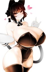 Rule 34 | 1girl, animal ears, black gloves, black leotard, black thighhighs, blunt bangs, breasts, brown eyes, cat ears, cat girl, cat tail, cleavage, closed mouth, commentary request, covered navel, cowboy shot, detached collar, extra ears, gloves, haseru (ginku mh), heart, heart-shaped pupils, huge breasts, kaenbyou rin, leotard, looking at viewer, medium hair, nekomata, simple background, smile, solo, symbol-shaped pupils, tail, thighhighs, touhou, white background