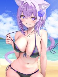 Rule 34 | 1girl, absurdres, alternate costume, animal ear fluff, animal ears, beach, bikini, bikini top pull, black bikini, blue flower, blush, breasts, cat ears, cat girl, cat tail, commentary request, cowboy shot, flower, hair flower, hair ornament, highres, hololive, large breasts, medium hair, nekomata okayu, ocean, parted lips, purple eyes, purple hair, sand, side-tie bikini bottom, smile, solo, swimsuit, tail, torakichi 888, virtual youtuber