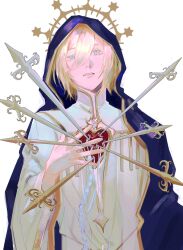 Rule 34 | 1boy, absurdres, blonde hair, blood, blue cloak, blue eyes, braid, center opening, cloak, commentary, dagger, english commentary, ensemble stars!, hand on own chest, highres, hood, hooded cloak, knife, long sleeves, looking up, male focus, open mouth, raingoes up, shirt, short hair, solo, tenshouin eichi, weapon, white background, white shirt, wide sleeves