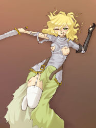 Rule 34 | 1girl, armor, arthuria (camel), blonde hair, blood, breasts, camel (dansen), cuts, female focus, green eyes, injury, lying, on back, one eye closed, solo, sword, thighhighs, torn clothes, unbuckled, weapon