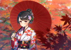 Rule 34 | 1girl, bad id, bad pixiv id, black hair, brown eyes, commentary request, floral print, flower, hair flower, hair ornament, hakuishi aoi, holding, holding umbrella, japanese clothes, kimono, long hair, looking at viewer, oil-paper umbrella, original, sidelocks, smile, solo, umbrella, upper body, yukata