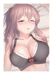 Rule 34 | 1girl, bed sheet, black bra, blush, border, bra, breasts, brown hair, cleavage, commentary request, cum, cum on body, cum on breasts, cum on upper body, female focus, hair between eyes, highres, kantai collection, large breasts, looking at viewer, lying, on back, one eye closed, parted lips, pillow, ponytail, sakieko, saratoga (kancolle), solo, underwear, upper body, white border