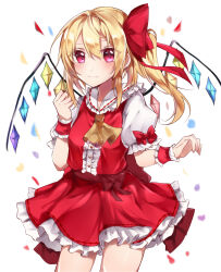 Rule 34 | 1girl, ascot, back bow, blonde hair, blush, bow, breasts, buttons, center frills, closed mouth, commentary, cowboy shot, crystal, english commentary, flandre scarlet, frilled shirt collar, frilled skirt, frilled sleeves, frills, hair between eyes, hair bow, hannahkwok4, highres, large bow, medium hair, multicolored wings, no headwear, one side up, puffy short sleeves, puffy sleeves, red bow, red eyes, red skirt, red vest, shirt, short sleeves, simple background, skirt, sleeve bow, small breasts, solo, touhou, vest, white background, white shirt, wings, wrist cuffs, yellow ascot