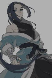 Rule 34 | 1boy, black hair, black shirt, blue eyes, dated, drruraguchi, expressionless, grey background, highres, long hair, long sleeves, rope, shirt, simple background, sleeves past wrists, solo, luo xiaohei zhanji, very long hair, wuxian (the legend of luoxiaohei)