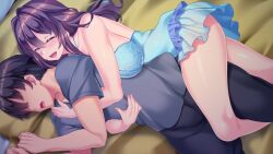 Rule 34 | 1girl, armpits, bed, blush, breasts, closed eyes, eyebrows hidden by hair, frills, from above, game cg, hair between eyes, happy, hug, hug from behind, indoors, large breasts, legs, lingerie, long hair, lying, no eyes, nonomiya sora, on bed, on side, open mouth, original, pillow, purple hair, shiokonbu, sister lesson, sleeveless, smile, thighs, underwear