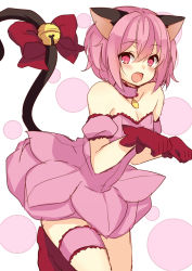 Rule 34 | 00s, 1girl, animal ears, bad id, bad pixiv id, bare shoulders, bell, blush, bow, breasts, cat ears, cat tail, cleavage, dress, fang, gloves, kemonomimi mode, looking at viewer, magical girl, marotti, mew ichigo, momomiya ichigo, open mouth, paw pose, pink dress, pink eyes, pink hair, red gloves, small breasts, smile, solo, strapless, strapless dress, tail, tail bell, tail bow, tail ornament, thigh strap, tokyo mew mew