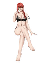 Rule 34 | 1girl, absurdres, barefoot, bra, braid, breasts, chainsaw man, closed mouth, collarbone, crossed legs, degato, eyelashes, feet, full body, highres, large breasts, lips, lipstick, long hair, looking at viewer, makeup, makima (chainsaw man), off shoulder, panties, red hair, ringed eyes, simple background, single braid, sitting, solo, strap slip, toenails, toes, underwear, yellow eyes