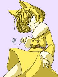 Rule 34 | 1girl, animal ears, belt, black eyes, blonde hair, bob cut, buttons, closed mouth, coat, colored skin, creatures (company), female focus, fur-trimmed coat, fur-trimmed sleeves, fur collar, fur trim, game freak, gen 1 pokemon, half-closed eyes, hand up, happy, head tilt, holding, hypno, jewelry, long sleeves, muguet, nintendo, pendulum, personification, pokemon, pokemon (creature), purple background, ring, short hair, simple background, smile, solo, string, yellow coat, yellow skin