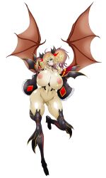 Rule 34 | 1girl, absurdres, alternate costume, ass, blonde hair, blue eyes, breasts, ciu (artist), cosplay, curvy, demon girl, demon girl (cosplay), demon wings, full body, halloween costume, highres, huge breasts, long hair, looking at viewer, nipples, official alternate costume, onizaki kirara, open clothes, pussy, revealing clothes, shiny skin, simple background, smile, solo, taimanin (series), taimanin rpgx, twintails, very long hair, white background, wings