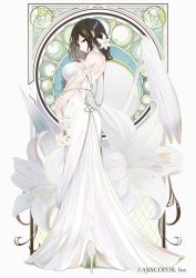 Rule 34 | 1girl, black hair, breasts, copyright notice, dress, flower, flower knot, from side, full body, hair flower, hair ornament, halterneck, high heels, highres, holding, holding flower, holding own wrist, large breasts, lily (flower), long dress, looking at viewer, low-braided long hair, low-tied long hair, nijisanji, official art, orange eyes, parted lips, profile, shirayuki tomoe, sleeveless, sleeveless dress, smile, solo, stained glass, standing, virtual youtuber, white dress, white flower, white footwear, white lily, yonemuro