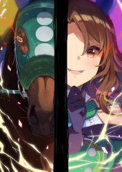 Rule 34 | 1girl, animal ears, black gloves, brown eyes, brown hair, creature and personification, electricity, gloves, glowing, glowing eye, highres, horse, horse ears, horse girl, king halo (racehorse), king halo (umamusume), mask, nino (shira), smile, umamusume