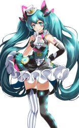 Rule 34 | 1girl, aqua eyes, aqua hair, arm tattoo, asymmetrical gloves, asymmetrical legwear, bare shoulders, breasts, closed mouth, commentary, contrapposto, cowboy shot, facepaint, finger to mouth, gloves, hand on own hip, hat, hatsune miku, highres, knees together feet apart, long hair, looking at viewer, magical mirai (vocaloid), magical mirai miku, magical mirai miku (2019), mini hat, mini top hat, simple background, small breasts, smile, solo, standing, star-shaped pupils, star (symbol), symbol-shaped pupils, tattoo, top hat, tsukishiro saika, twintails, uneven gloves, uneven legwear, very long hair, vocaloid, white background