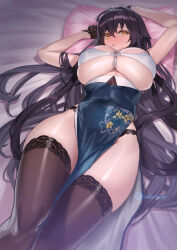 Rule 34 | 1girl, arms up, azuma (azur lane), azuma (soft voice of spring) (azur lane), azur lane, bare shoulders, black gloves, black hair, black panties, black thighhighs, blush, breasts, china dress, chinese clothes, cleavage, cuboon, dress, duplicate, gloves, hair between eyes, huge breasts, long hair, looking at viewer, lying, official alternate costume, on back, panties, pelvic curtain, pixel-perfect duplicate, solo, thick thighs, thighhighs, thighs, underboob, underwear, very long hair, yellow eyes