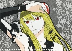 Rule 34 | 00s, 1girl, absurdres, arm up, armpits, bare shoulders, blonde hair, blood, blood on hands, collarbone, fingernails, floral background, flower, frilled sleeves, frills, gem, grey background, grin, hair between eyes, head tilt, highres, hime (kaibutsu oujo), kaibutsu oujo, long fingernails, long hair, long sleeves, looking at viewer, mitsunaga yasunori, official art, parted lips, red eyes, red gemstone, scan, sidelocks, slit pupils, smile, solo, straight hair, tearing clothes, tiara, torn clothes, torn sleeves, upper body