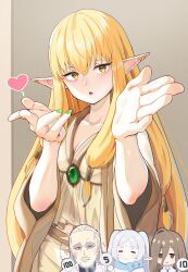 Rule 34 | 1boy, 3girls, artist request, blonde hair, blush, bored, breasts, brown eyes, brown hair, character request, closed eyes, disgust, earrings, facial hair, frieren, highres, jewelry, light brown hair, long hair, multiple girls, mustache, nails, pointy ears, scoring, serie (sousou no frieren), small breasts, sousou no frieren, yellow eyes
