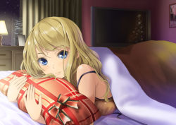 Rule 34 | 1girl, bad id, bad pixiv id, blanket, blonde hair, blue eyes, light smile, long hair, looking at viewer, hugging object, on bed, original, pillow, pillow hug, solo, strap slip, television, yoropa