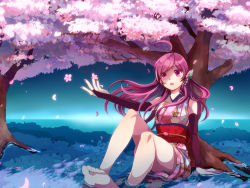 Rule 34 | 1girl, ahoge, bad id, bad pixiv id, bare shoulders, barefoot, bridal gauntlets, cherry blossoms, feet, hair ornament, japanese clothes, kimono, long hair, looking away, nail polish, open mouth, partially submerged, rainto, red eyes, red hair, sf-a2 miki, sitting, solo, toes, vocaloid, water