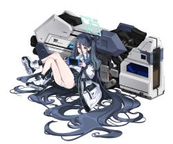 Rule 34 | 1girl, absurdly long hair, absurdres, aris (blue archive), ass, bare legs, black hair, black hairband, blue archive, blue eyes, blue hair, blush, dark blue hair, full body, hair between eyes, hairband, halo, handheld game console, highres, holding, holding handheld game console, huge weapon, jacket, long hair, long hair between eyes, long sleeves, looking at viewer, magnetic weapon, multicolored hair, necktie, one side up, open clothes, open jacket, open mouth, panties, railgun, school uniform, shirt, shoes, simple background, sitting, sneakers, solo, toombo12, underwear, upskirt, very long hair, weapon, white background, white panties, white shirt, zipper