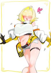 Rule 34 | 1girl, ahoge, bibie307, black gloves, black sports bra, blonde hair, blush, breasts, clothing cutout, crop top, cropped sweater, elegg (nikke), exposed pocket, gloves, goddess of victory: nikke, grey shorts, hair intakes, hair over eyes, heart, large breasts, long bangs, long sleeves, micro shorts, multicolored clothes, multicolored gloves, multicolored hair, navel, open mouth, short hair, shorts, shoulder cutout, solo, sports bra, suspender shorts, suspenders, thigh strap, thighs, two-tone hair, yellow gloves