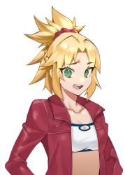 Rule 34 | 1girl, :d, blonde hair, braid, breasts, collarbone, commentary request, fang, fate/grand order, fate (series), green eyes, hair ornament, hair scrunchie, highres, jacket, long hair, long sleeves, looking at viewer, mordred (fate), mordred (fate/apocrypha), mordred (memories at trifas) (fate), ooo5303o, open clothes, open jacket, open mouth, ponytail, red jacket, red scrunchie, scrunchie, simple background, small breasts, smile, solo, teeth, upper body, white background