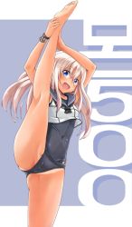 Rule 34 | 1girl, ass, bare legs, bare shoulders, barefoot, black neckwear, blue eyes, bracelet, cameltoe, cleft of venus, commentary request, covered navel, crop top, flexible, highres, jewelry, kantai collection, kyou (tr-6), leg lift, leg up, long hair, looking at viewer, one-piece swimsuit, one-piece tan, open mouth, ro-500 (kancolle), sailor collar, school swimsuit, smile, solo, split, standing, standing on one leg, standing split, stretching, swimsuit, swimsuit under clothes, tan, tanline, thighs, white hair