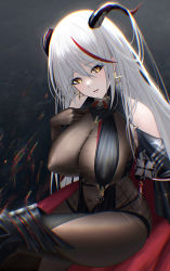 Rule 34 | 1girl, absurdly long hair, absurdres, aegir (azur lane), azur lane, bare shoulders, black cape, bodystocking, breast curtains, breasts, cape, chromatic aberration, cleavage, clothing cutout, covered erect nipples, covered navel, cross, cross earrings, demon horns, earrings, highres, horns, iron cross, jewelry, long hair, looking at viewer, multicolored hair, red hair, shoulder cutout, sitting, solo, streaked hair, two-tone hair, very long hair, white hair, yellow eyes, you (yoyou)