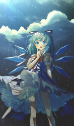 Rule 34 | 1girl, :d, absurdres, arm at side, back bow, blue bow, blue dress, blue eyes, blue hair, blush, bow, chinese commentary, cirno, cloud, collared shirt, commentary, detached wings, dress, feet out of frame, finger to cheek, frilled dress, frills, hair bow, hand up, highres, ice, ice wings, jiege, looking at viewer, medium hair, neck ribbon, open mouth, pinafore dress, puffy short sleeves, puffy sleeves, rain, red ribbon, ribbon, shirt, short sleeves, sleeveless dress, smile, socks, solo, teeth, tongue, touhou, upper teeth only, wet, wet clothes, white shirt, white socks, wings