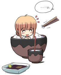 Rule 34 | ..., 1girl, :d, ^ ^, bare shoulders, blonde hair, blunt bangs, blush, bowl, chopsticks, closed eyes, cup, eating, food, hime cut, in container, in cup, in food, mamezara, mini person, minigirl, open mouth, original, plate, rice, rice bowl, smile, solo, soy sauce, speech bubble, spoken ellipsis