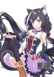 Rule 34 | 1girl, animal ear fluff, animal ears, bare shoulders, black hair, black thighhighs, blue sleeves, boots, bow, breasts, brown footwear, cat ears, cat girl, cat tail, commentary request, convenient leg, detached sleeves, fang, frilled skirt, frills, green eyes, hair between eyes, hair bow, karyl (princess connect!), knees together feet apart, knees up, long hair, long sleeves, looking at viewer, low twintails, momochi kiruya, multicolored hair, nyori, open mouth, outstretched arm, princess connect!, purple skirt, red bow, ringlets, shirt, simple background, skirt, sleeveless, sleeveless shirt, small breasts, solo, streaked hair, tail, thigh strap, thighhighs, twintails, v-shaped eyebrows, very long hair, white background, white hair, white shirt, wide sleeves