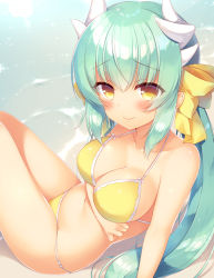 Rule 34 | 1girl, aqua hair, arm support, beach, bikini, blush, bow, breasts, cleavage, collarbone, day, fate/grand order, fate (series), hair bow, hair ribbon, horns, kiyohime (fate), kiyohime (swimsuit lancer) (first ascension) (fate), large breasts, long hair, looking at viewer, outdoors, ribbon, sazaki ichiri, sitting, smile, solo, swimsuit, water, yellow bikini, yellow eyes, yellow ribbon
