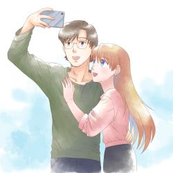 Rule 34 | 1boy, 1girl, aida kensuke, beard, blue eyes, cellphone, couple, day, earrings, evangelion: 3.0+1.0 thrice upon a time, facial hair, glasses, grin, hand on another&#039;s hip, happy, hug, jewelry, long hair, looking up, neon genesis evangelion, aged up, open mouth, phone, rebuild of evangelion, smile, souryuu asuka langley, standing