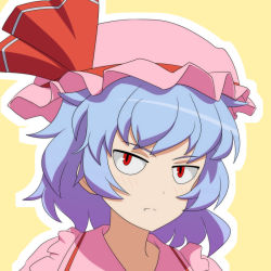 Rule 34 | 1girl, annoyed, blue hair, cato (monocatienus), fang, fang out, frilled shirt collar, frills, frown, hat, messy hair, mob cap, outline, red eyes, remilia scarlet, short hair, solo, touhou, upper body