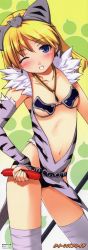Rule 34 | 00s, 1girl, absurdres, armor, bikini armor, blonde hair, blue eyes, blush, breast clinging, breasts, captain of the royal guard elina, earrings, elbow gloves, elina (queen&#039;s blade), elina (queen's blade), food, fur, gloves, hairband, hand on own hip, highres, jewelry, loincloth, long hair, long image, looking at viewer, midriff, navel, one eye closed, open mouth, queen&#039;s blade, sausage, scan, small breasts, smile, solo, stick poster, tall image, thighhighs, underboob, wink