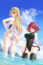 Rule 34 | 2girls, absurdres, adjusting clothes, adjusting swimsuit, ass, bare arms, bare shoulders, black one-piece swimsuit, black thighhighs, blonde hair, blue sky, blush, breasts, brown eyes, cliff, closed mouth, cloud, competition swimsuit, covered navel, day, groin, headpiece, highres, impossible clothes, impossible swimsuit, jewelry, large breasts, long hair, looking at viewer, looking back, matrix16, multiple girls, mythra (radiant beach) (xenoblade), mythra (xenoblade), neon trim, official alternate costume, one-piece swimsuit, outdoors, paid reward available, pyra (pro swimmer) (xenoblade), pyra (xenoblade), red hair, short hair, sky, smile, sweat, swept bangs, swimsuit, thigh strap, thighhighs, thighs, tiara, very long hair, wading, water, xenoblade chronicles (series), xenoblade chronicles 2, yellow eyes