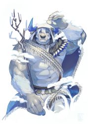 Rule 34 | 1boy, animal ears, animal nose, arm tattoo, bara, big foot (housamo), blue eyes, blue horns, body fur, brown fur, commentary request, cow ears, cow horns, feathers, fringe trim, frown, furry, furry male, hair between eyes, hand up, highres, holding, holding staff, hood, hood up, horns, itohiro, male focus, minotaur, muscular, muscular male, native american, native american clothes, simple background, snow, solo, staff, tattoo, tokyo houkago summoners, upper body, white background, white fur, white hair
