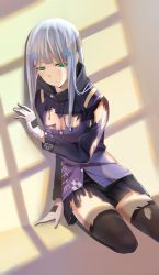 Rule 34 | 1girl, absurdres, blush, breasts, cleavage, cross hair ornament, girls&#039; frontline, gloves, green eyes, hair ornament, highres, hk416 (girls&#039; frontline), long hair, looking at viewer, shirt, silver hair, sitting, skirt, small breasts, solo, thighhighs, torn clothes, torn shirt, torn skirt, torn thighhighs, yft000
